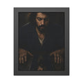 A bearded man in coveralls looking down at his face in a cracked screen. The Mirror After Midnight by Garabaggio, framed fine art print, 11″ x 14″.