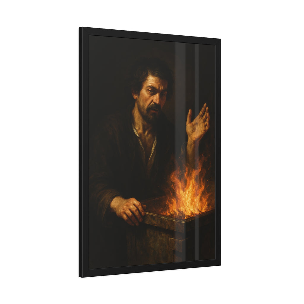 Man holding one hand high over the flames of an open burning bin. Self-Portrait Commanding the Light by Garabaggio, framed fine art print hanging in a room.