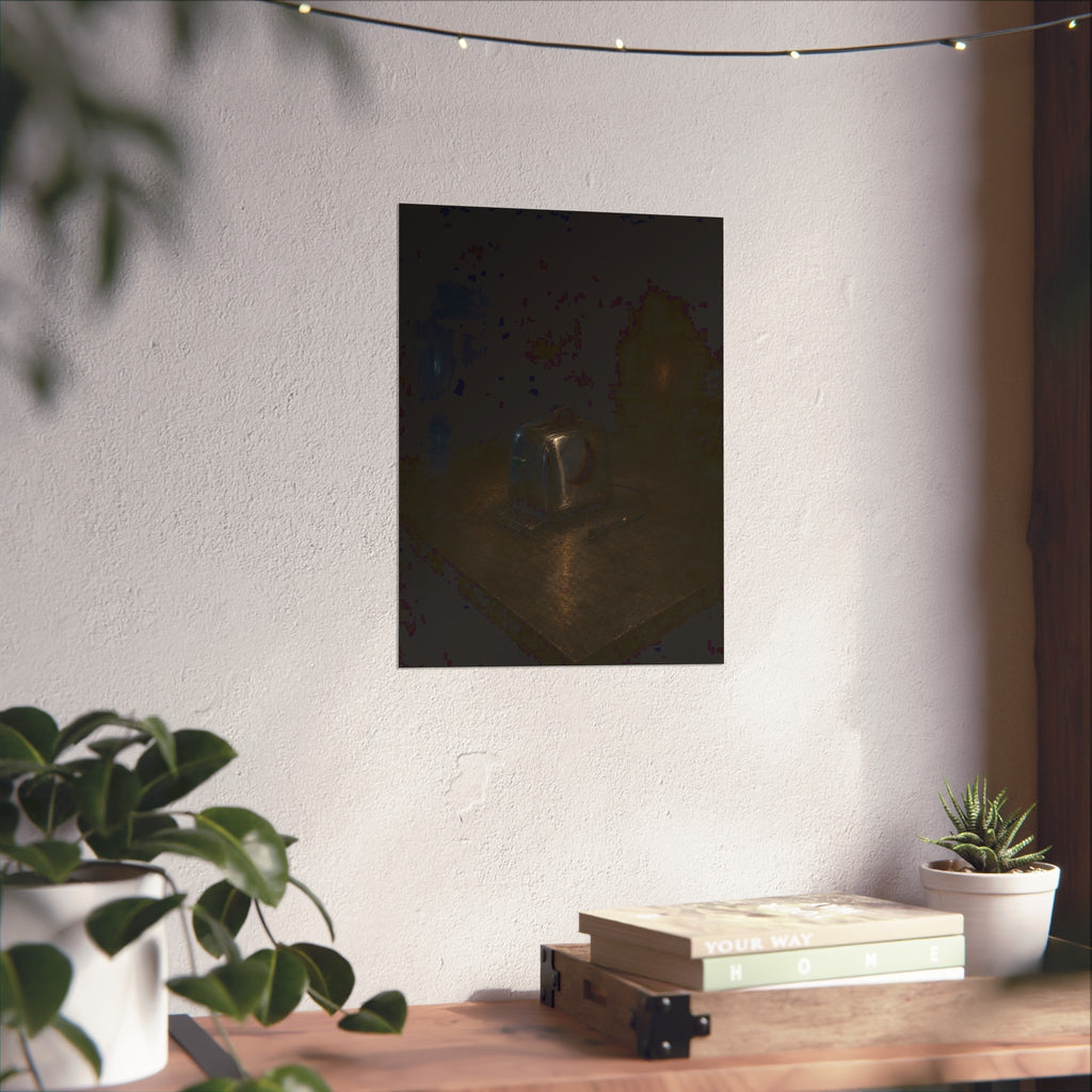 A scorched chrome toaster alone on a metal counter in a dark room. The Cooling on Steel by Garabaggio, fine art print hanging in a room.