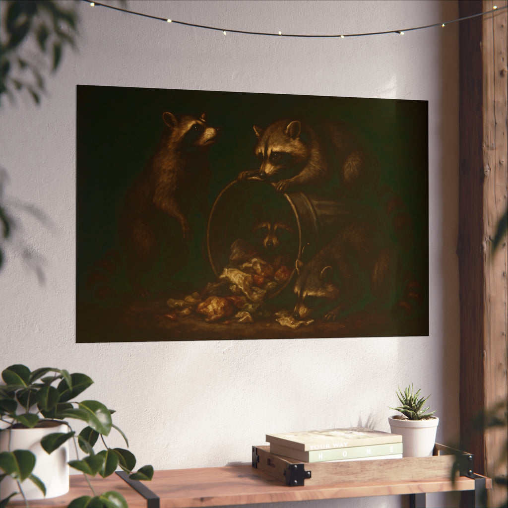 Four raccoons around a tipped metal trash can spilling food scraps. The Crowning with Crumbs by Garabaggio, fine art print hanging in a room.