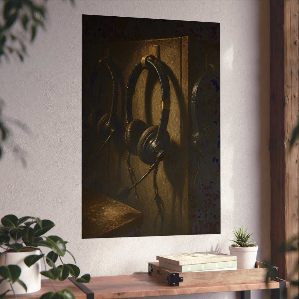 Three worn call center headsets hanging on wall hooks in dim light. The Headsets Left Hanging by Garabaggio, fine art print hanging in a room.