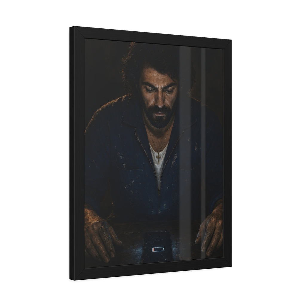 A man in a work jacket looks down at a phone showing a red low battery icon. The Calling at One Percent by Garabaggio, framed fine art print hanging in a room.