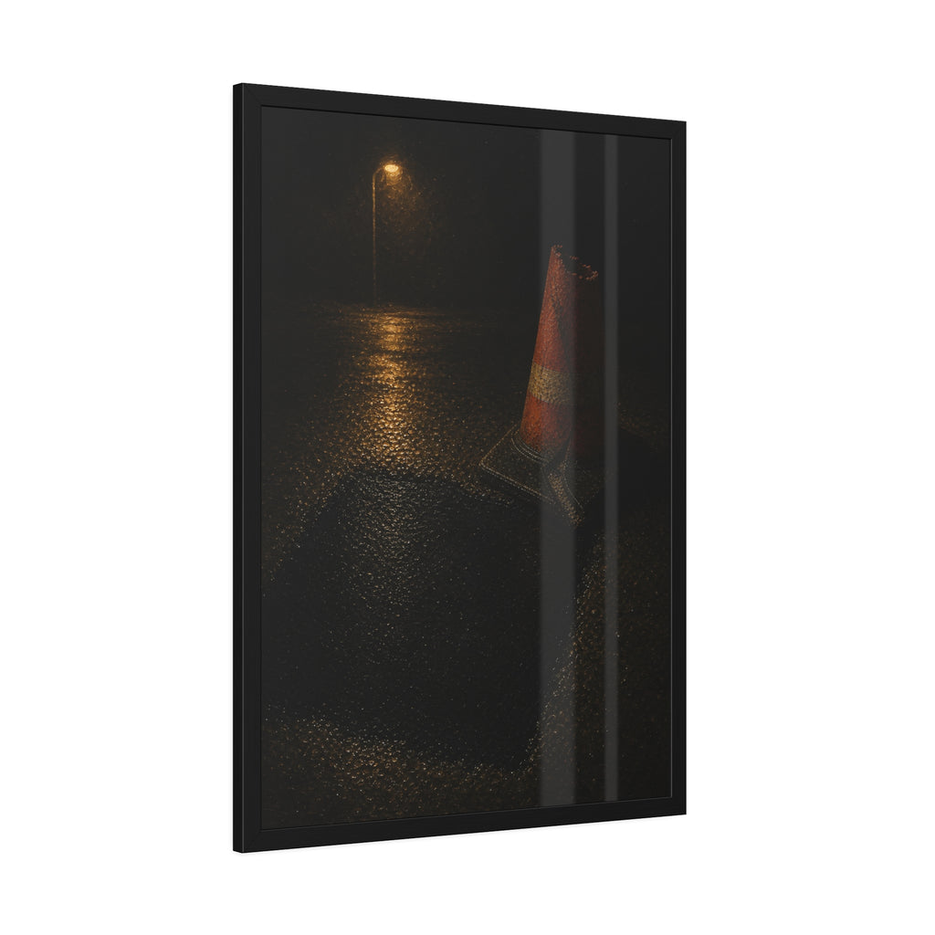 A traffic cone beside a fresh asphalt patch under a street lamp. The Sentinel After Repair by Garabaggio, framed fine art print hanging in a room.