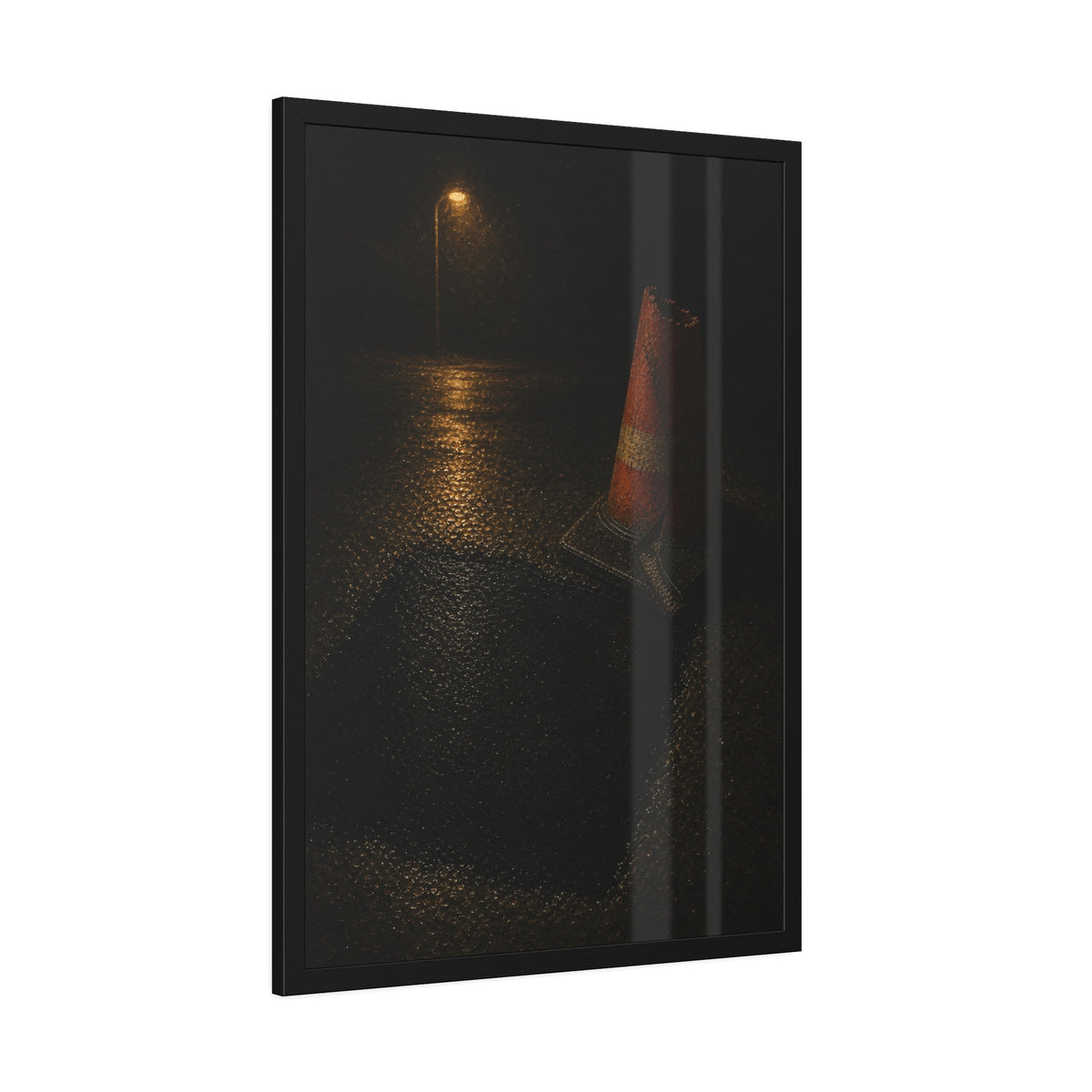 A traffic cone beside a fresh asphalt patch under a street lamp. The Sentinel After Repair by Garabaggio, framed fine art print hanging in a room.