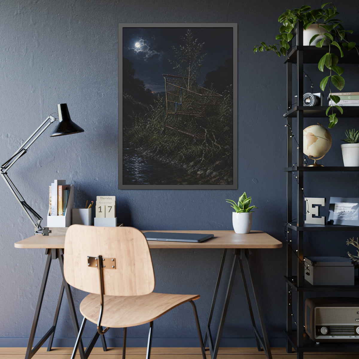 A shopping cart in creekside weeds with a sapling growing up through it. The Cart Grown Through by Garabaggio, framed fine art print hanging in a room.
