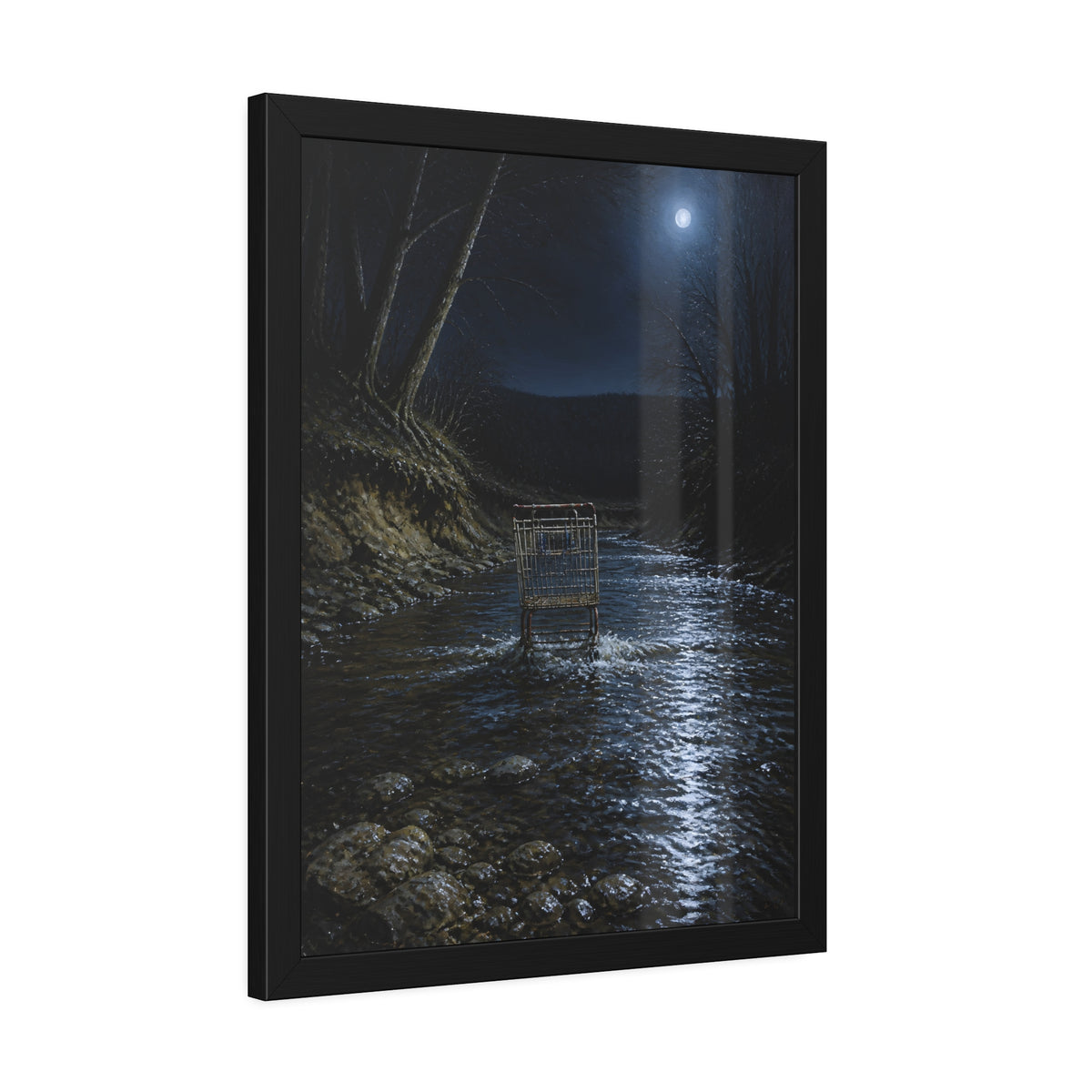 A shopping cart standing in a moonlit creek between dark trees. The Fording of the Creek by Garabaggio, framed fine art print hanging in a room.