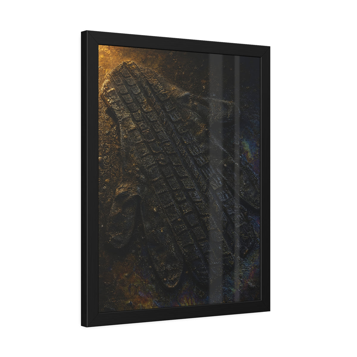 A flattened work glove on asphalt with a tire tread pressed across it. The Passage of the Wheel by Garabaggio, framed fine art print hanging in a room.