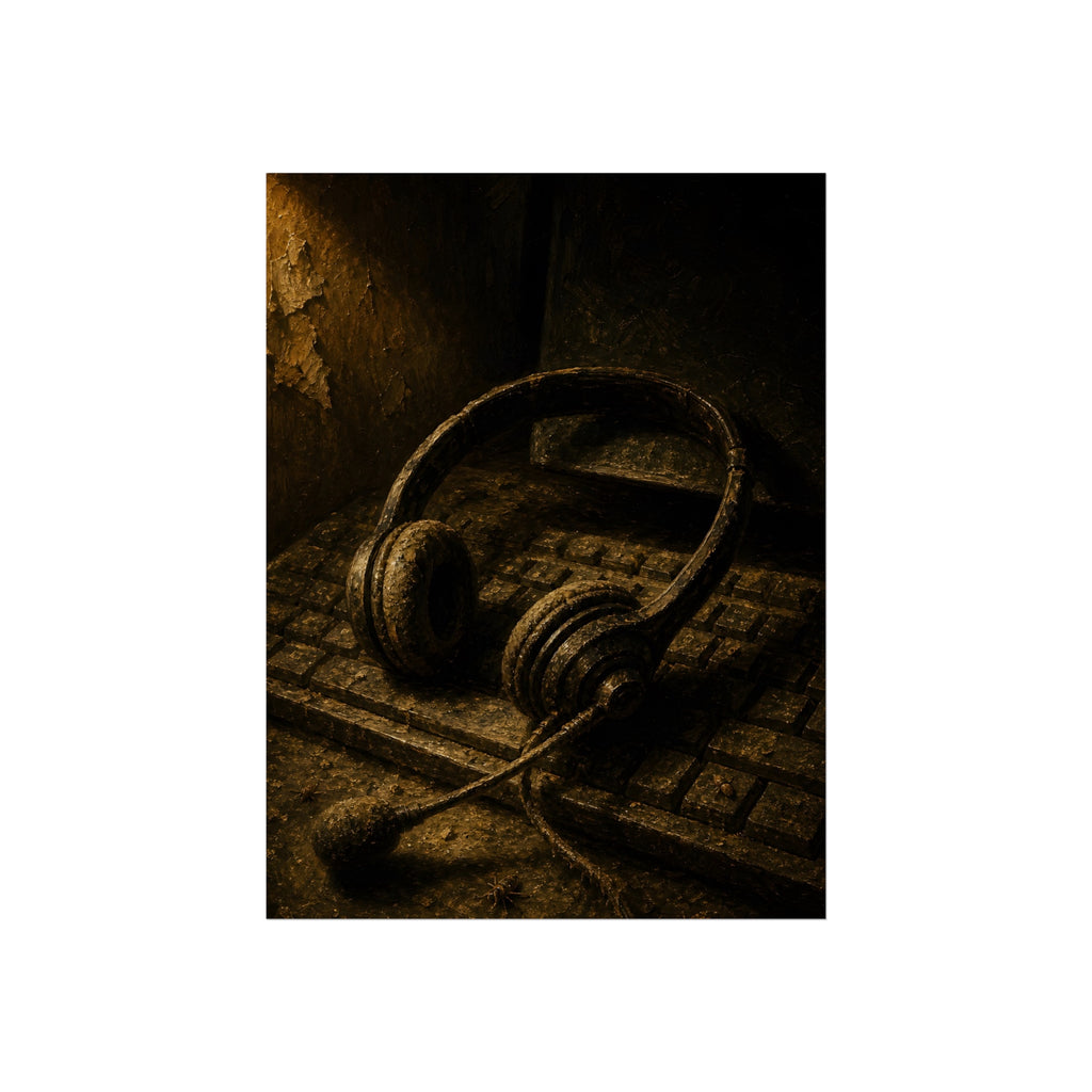 Dust covered headset resting on an old keyboard in brown light. Cubicles Under Dust by Garabaggio, fine art print, 12″ x 16″.