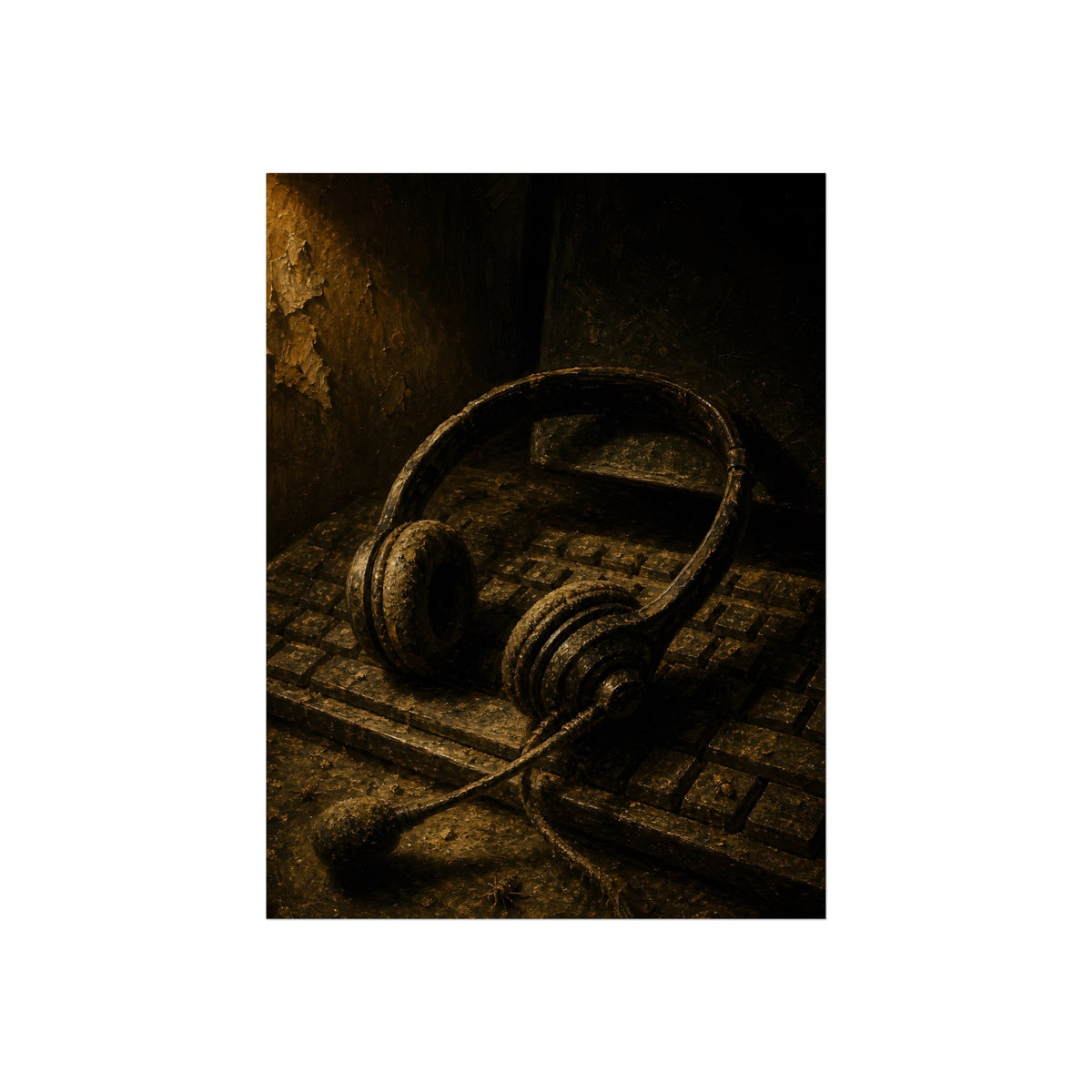Dust covered headset resting on an old keyboard in brown light. Cubicles Under Dust by Garabaggio, fine art print, 12″ x 16″.