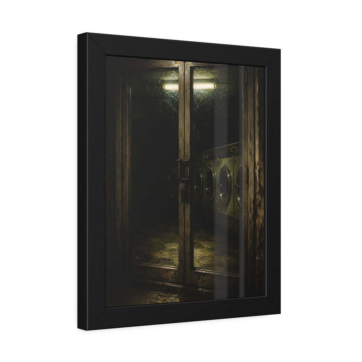 Glass laundromat doors at night with washers lit by a fluorescent tube. The Doors at Midnight by Garabaggio, framed fine art print hanging in a room.
