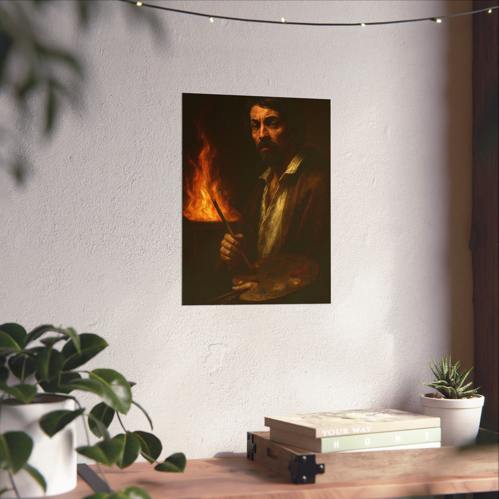 Man holding a palette and brushes, a fire behind him. Self-Portrait with Palette (After Caravaggio) by Garabaggio, fine art print hanging in a room.