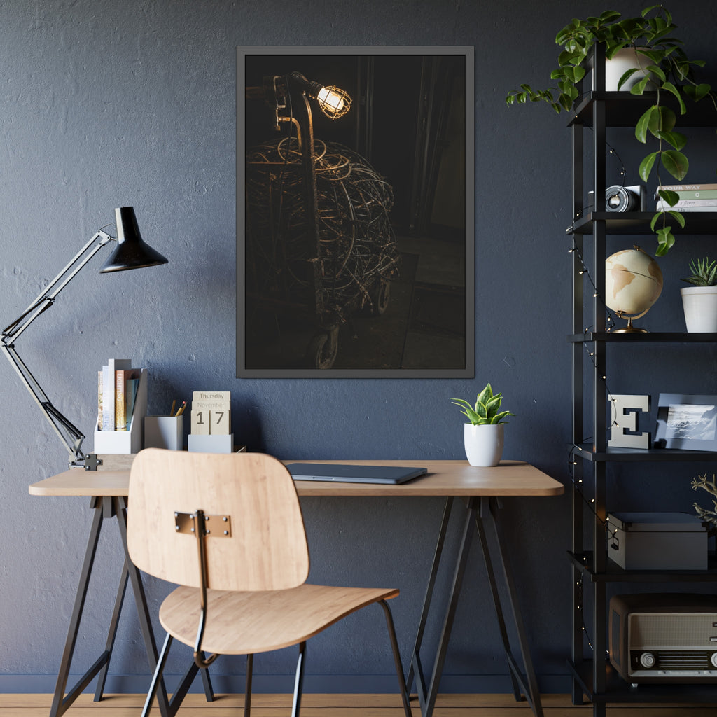 A tangled ball of cables on a hand cart under a caged work lamp. The Cable Harvest by Garabaggio, framed fine art print hanging in a room.