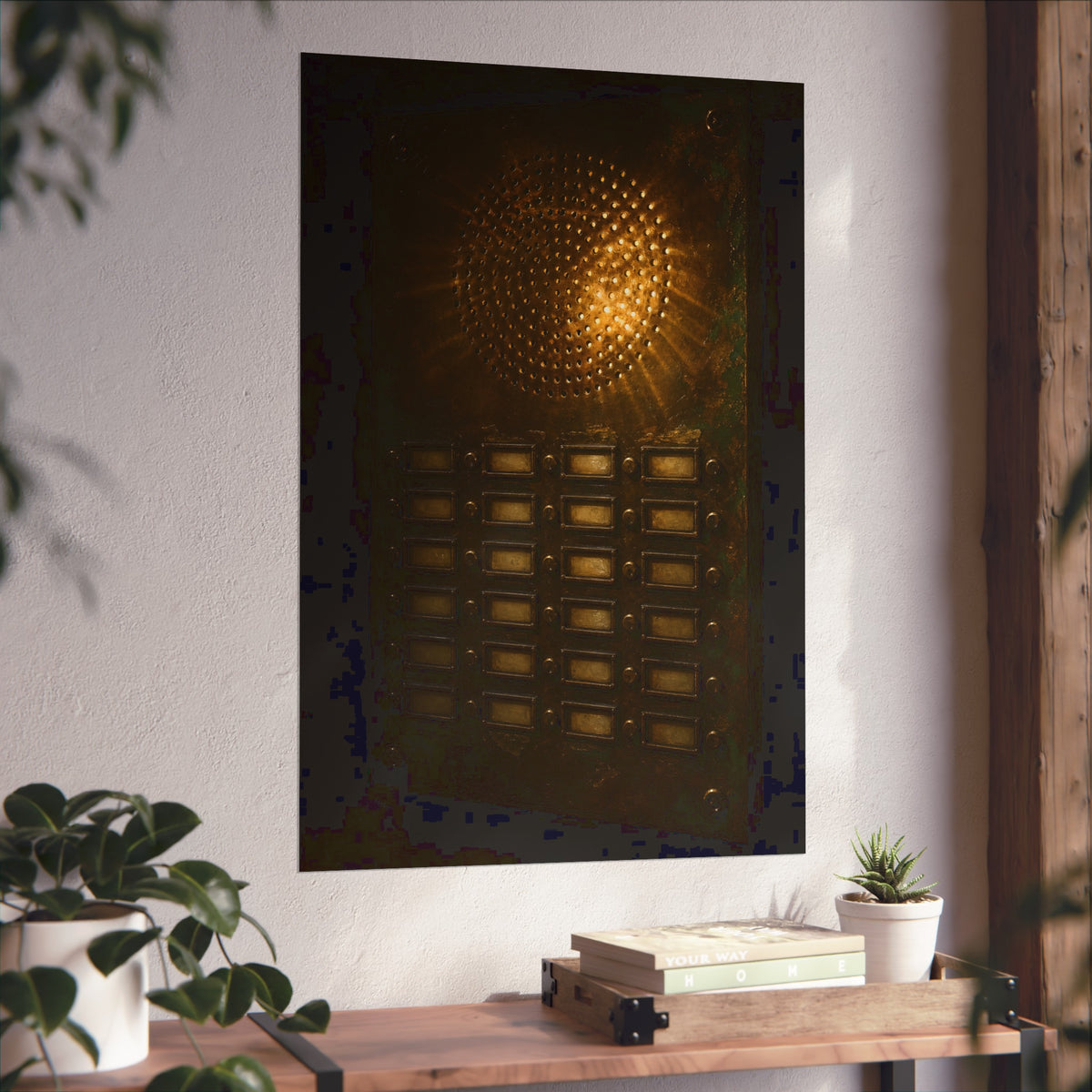 Light glowing through an intercom speaker grille above rows of buttons. Voice Through Perforations by Garabaggio, fine art print hanging in a room.