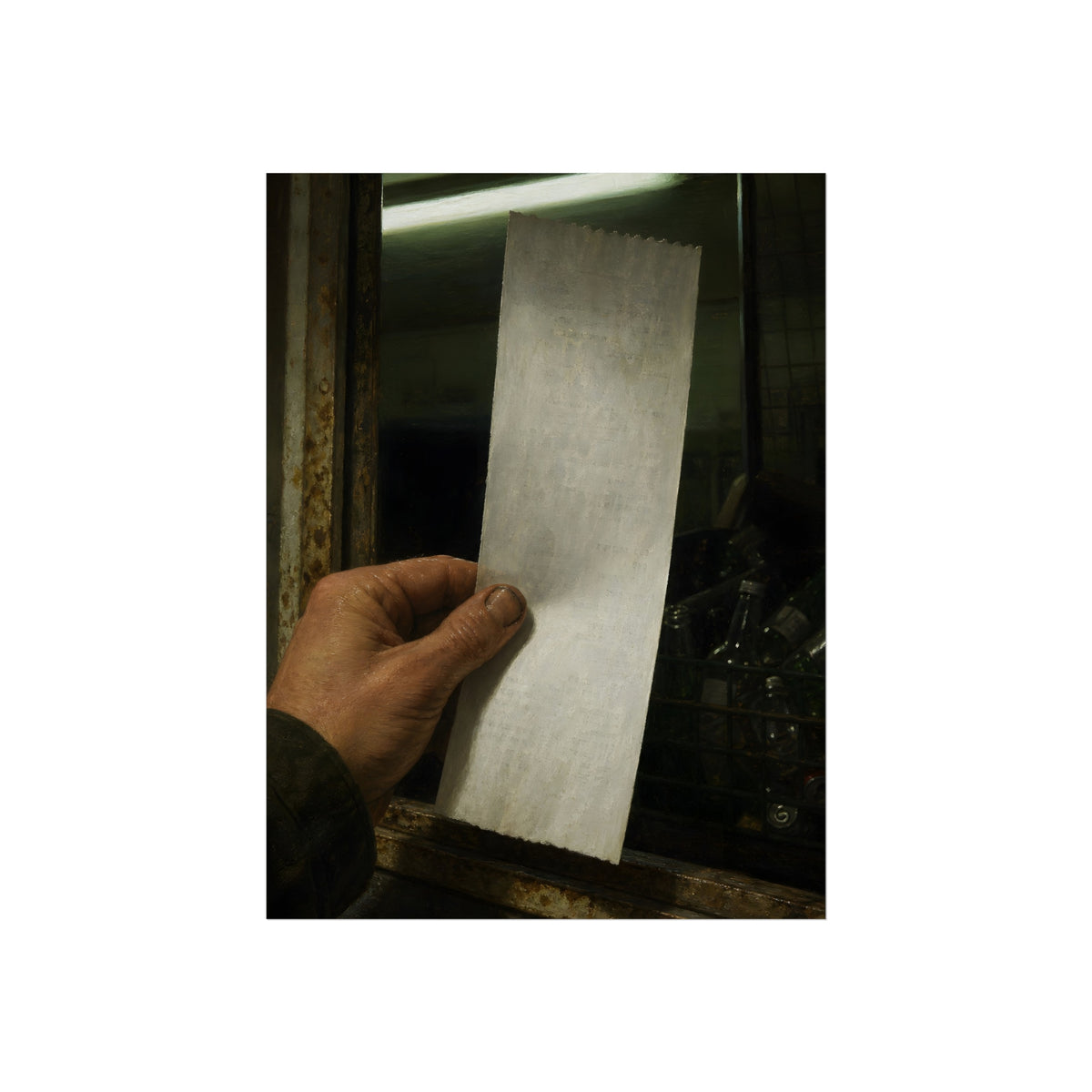 A hand holding a blank slip at a rusted counter window, bottles behind. The Receipt of Absolution by Garabaggio, fine art print, 18″ x 24″.