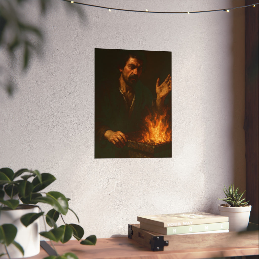 Man holding one hand high over the flames of an open burning bin. Self-Portrait Commanding the Light by Garabaggio, fine art print hanging in a room.