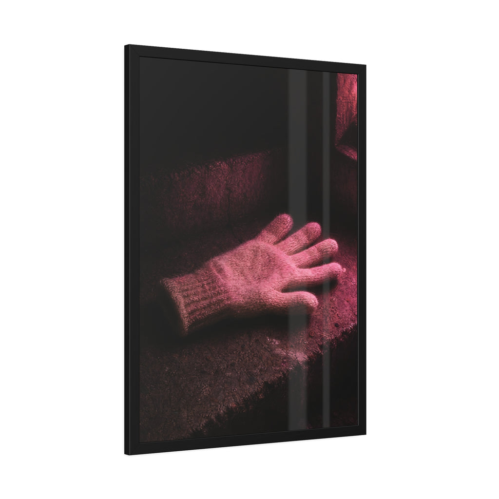 A knitted glove lying flat on a concrete step under pink light. The Vigil in Pink Light by Garabaggio, framed fine art print hanging in a room.