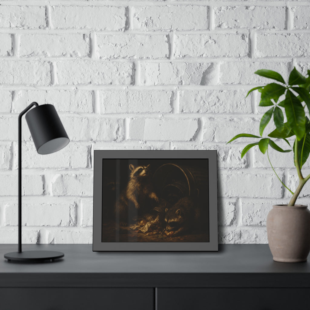 Raccoons feeding on scraps around a tipped metal trash can in the dark. The Calling of St. Trash by Garabaggio, framed fine art print hanging in a room.