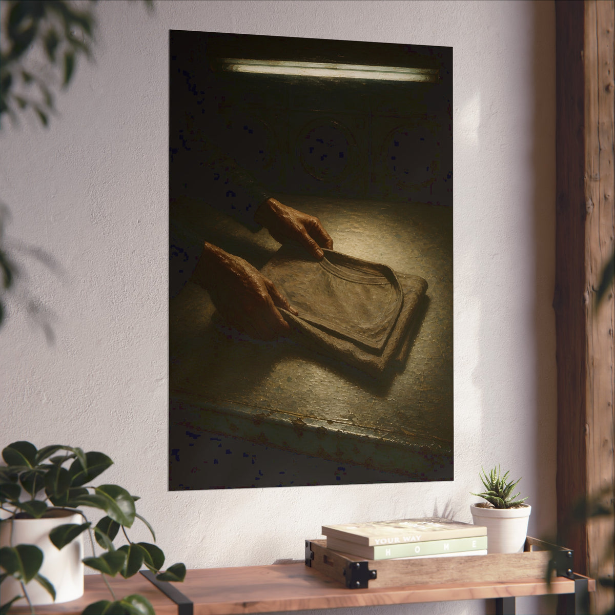 Two hands folding a shirt on a laundromat table with washers behind. The Folding at Two A.M by Garabaggio, fine art print hanging in a room.