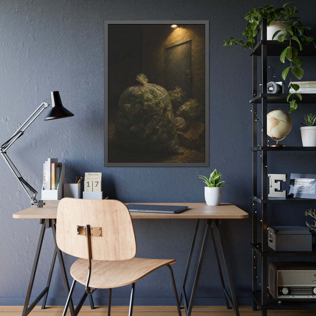 Clear bags of empty bottles piled by a padlocked door under a wall lamp. The Gathering of Empties by Garabaggio, framed fine art print hanging in a room.