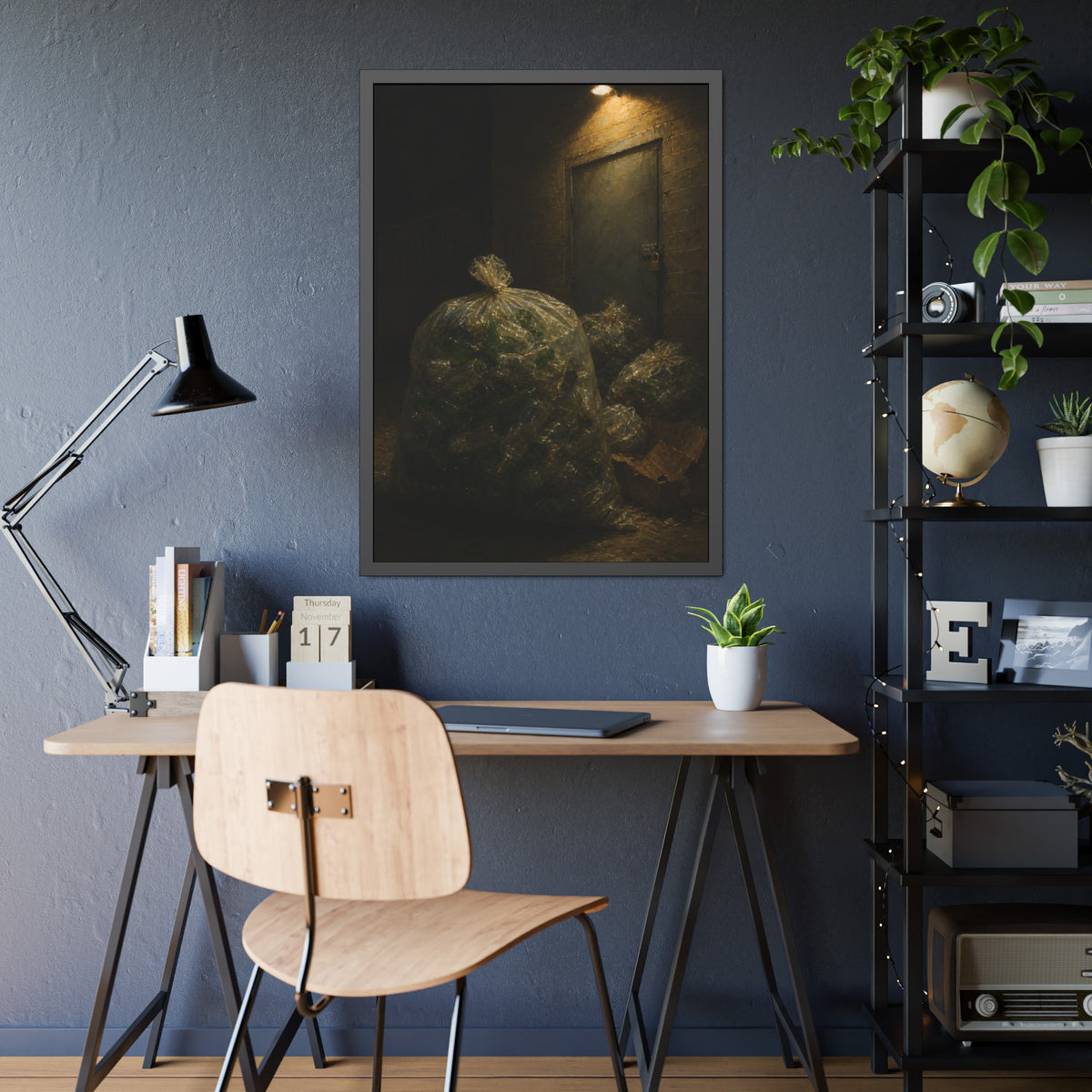 Clear bags of empty bottles piled by a padlocked door under a wall lamp. The Gathering of Empties by Garabaggio, framed fine art print hanging in a room.