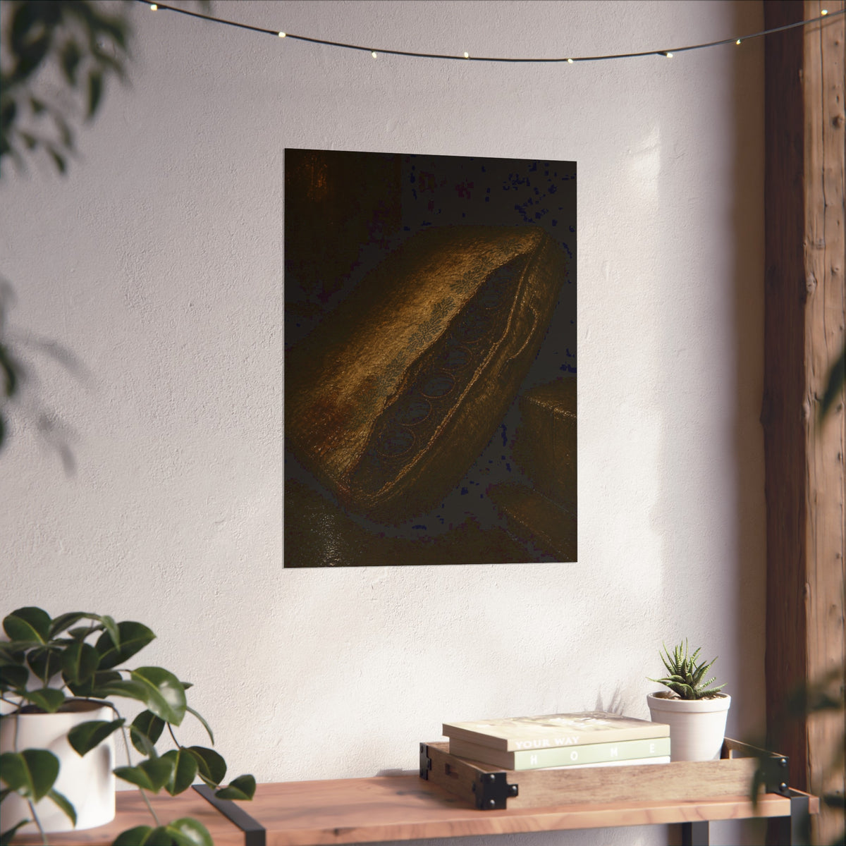 A torn mattress propped on its side, coil springs showing through the split. The Showing of the Springs by Garabaggio, fine art print hanging in a room.