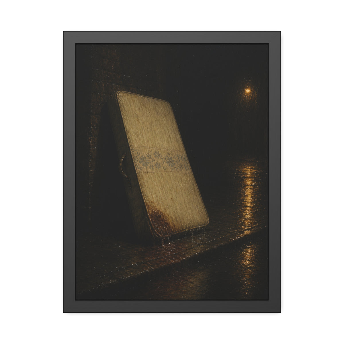 A stained mattress leaning against a wall in rain under a streetlamp. The First Rain by Garabaggio, framed fine art print, 18″ x 24″.