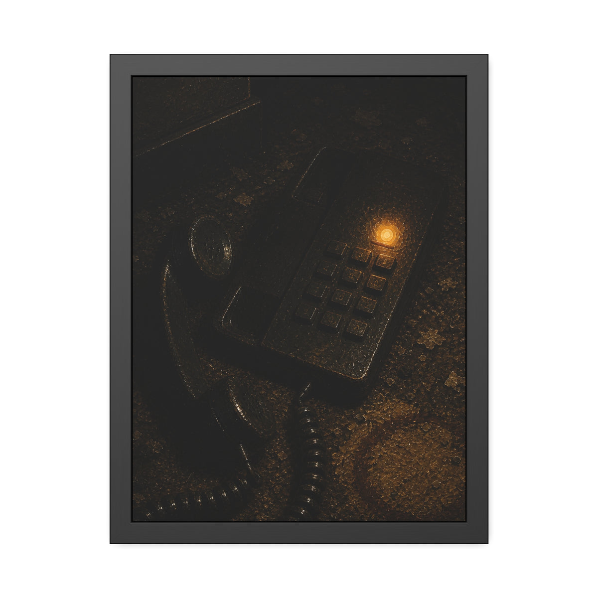 A desk phone with the handset off the hook and one amber light glowing. The Line Still Rings by Garabaggio, framed fine art print, 18″ x 24″.