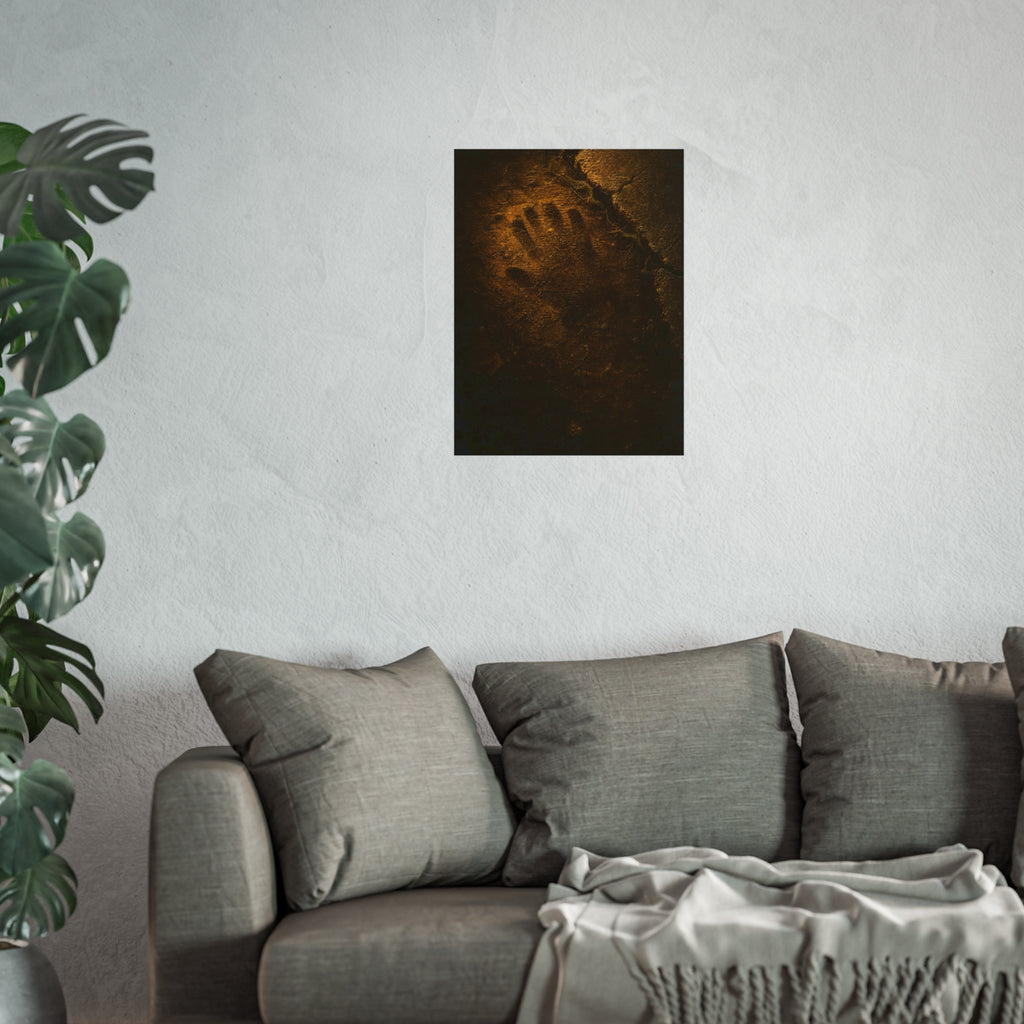 A glove shaped imprint left in cracked asphalt under warm light. The Assumption, or: What Remains by Garabaggio, fine art print hanging in a room.