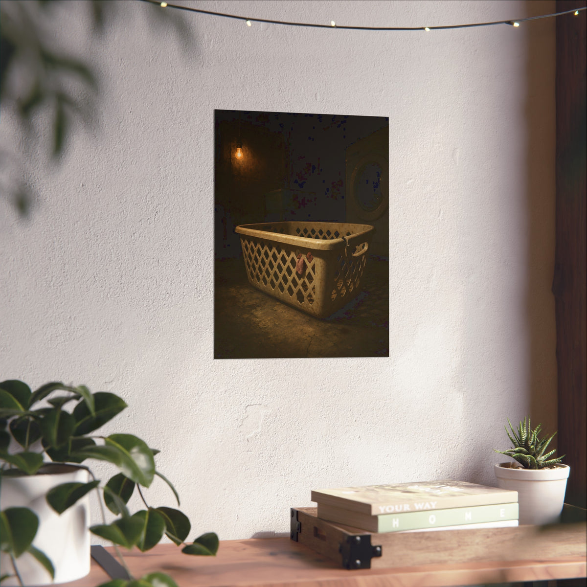 A plastic laundry basket on a basement floor under a bare hanging bulb. The First Split by Garabaggio, fine art print hanging in a room.