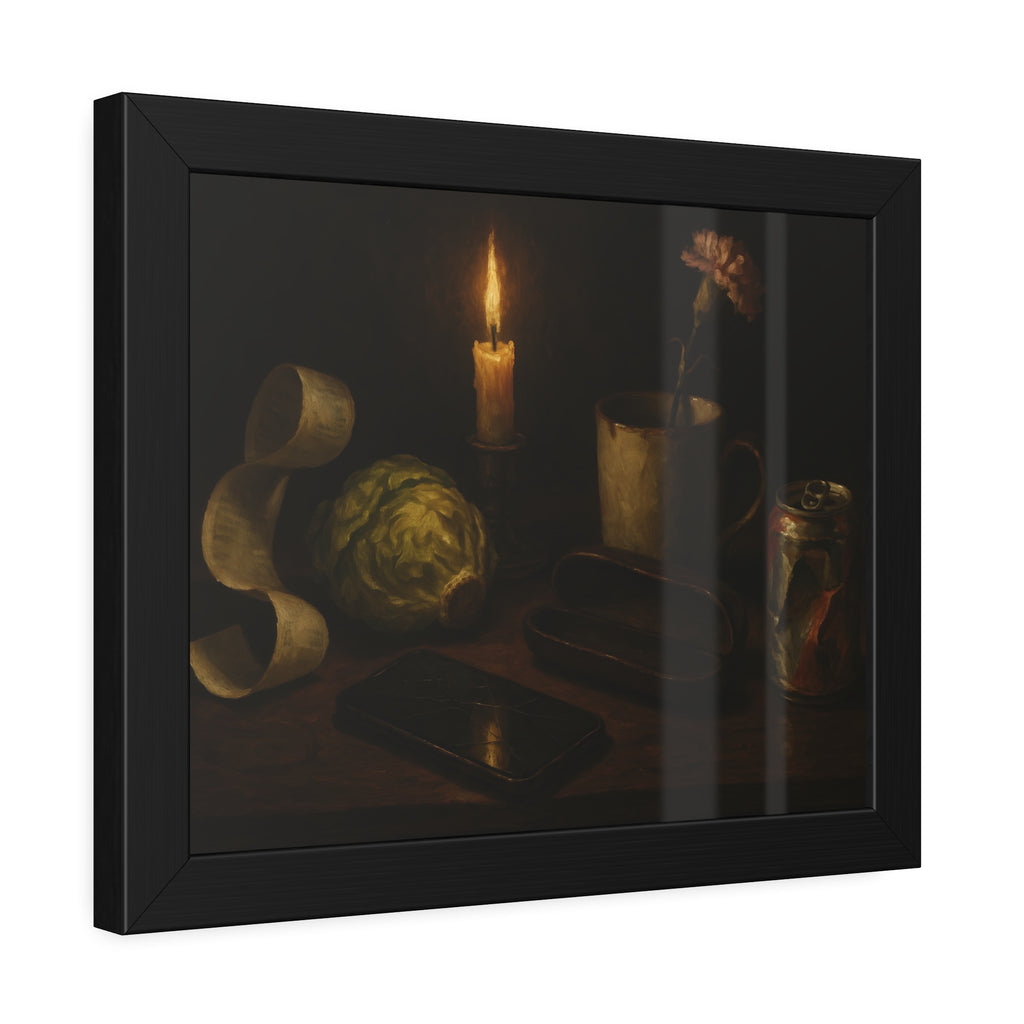 A candle, lettuce head, curled receipt and can on a dim table. Vanitas with Receipts and Wilted Lettuce by Garabaggio, framed fine art print hanging in a room.