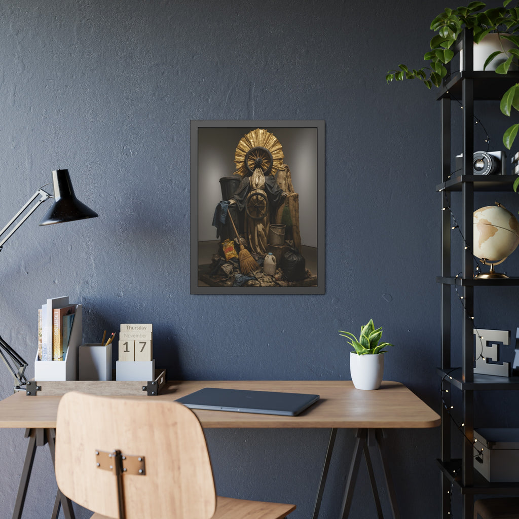A draped figure with cart wheels above heaped trash. The Martyrdom of Saint Catherine of the Cartwheel by Garabaggio, framed fine art print hanging in a room.