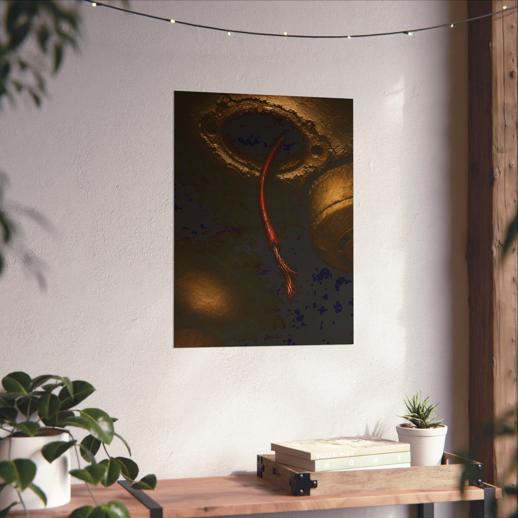 A frayed red wire hanging from a hole in a cracked ceiling. The Loose Red Wire by Garabaggio, fine art print hanging in a room.