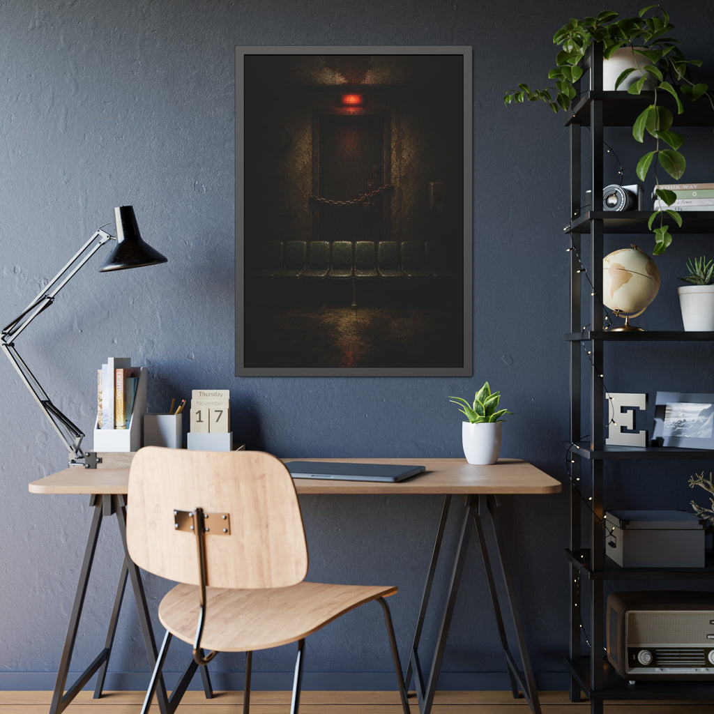 Chained waiting room door under a red exit light, empty seats below. After Closing by Garabaggio, framed fine art print hanging in a room.