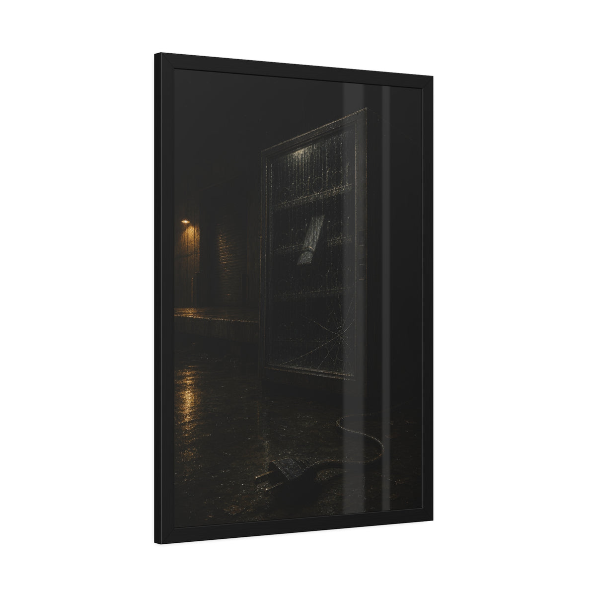 A vending machine in the rain, its cord and plug trailing across wet pavement. The Weathering Outside by Garabaggio, framed fine art print hanging in a room.