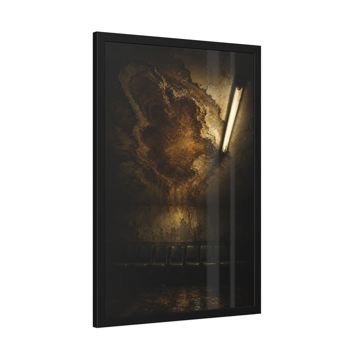 A brown water stain spreading across a ceiling above a row of chairs. The Stain Above the Row by Garabaggio, framed fine art print hanging in a room.