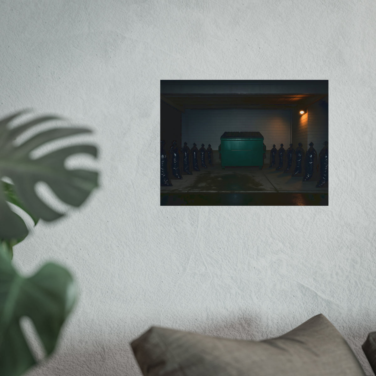 A green dumpster flanked by rows of black garbage bags under a lamp. Night Watch of the Loading Dock by Garabaggio, fine art print hanging in a room.