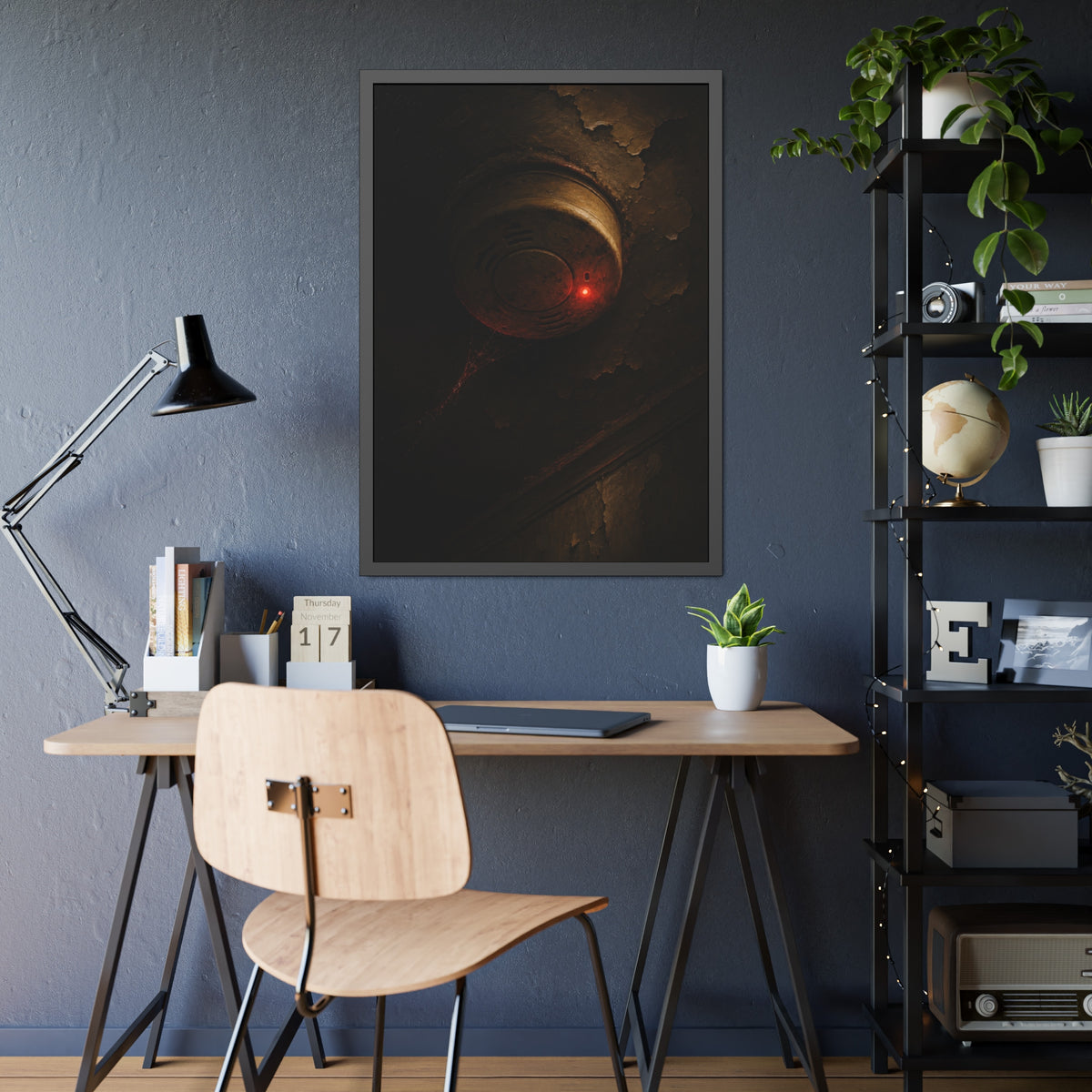 A smoke detector with a red light on a peeling ceiling, cobwebs beneath. The Chirp at Three Forty by Garabaggio, framed fine art print hanging in a room.