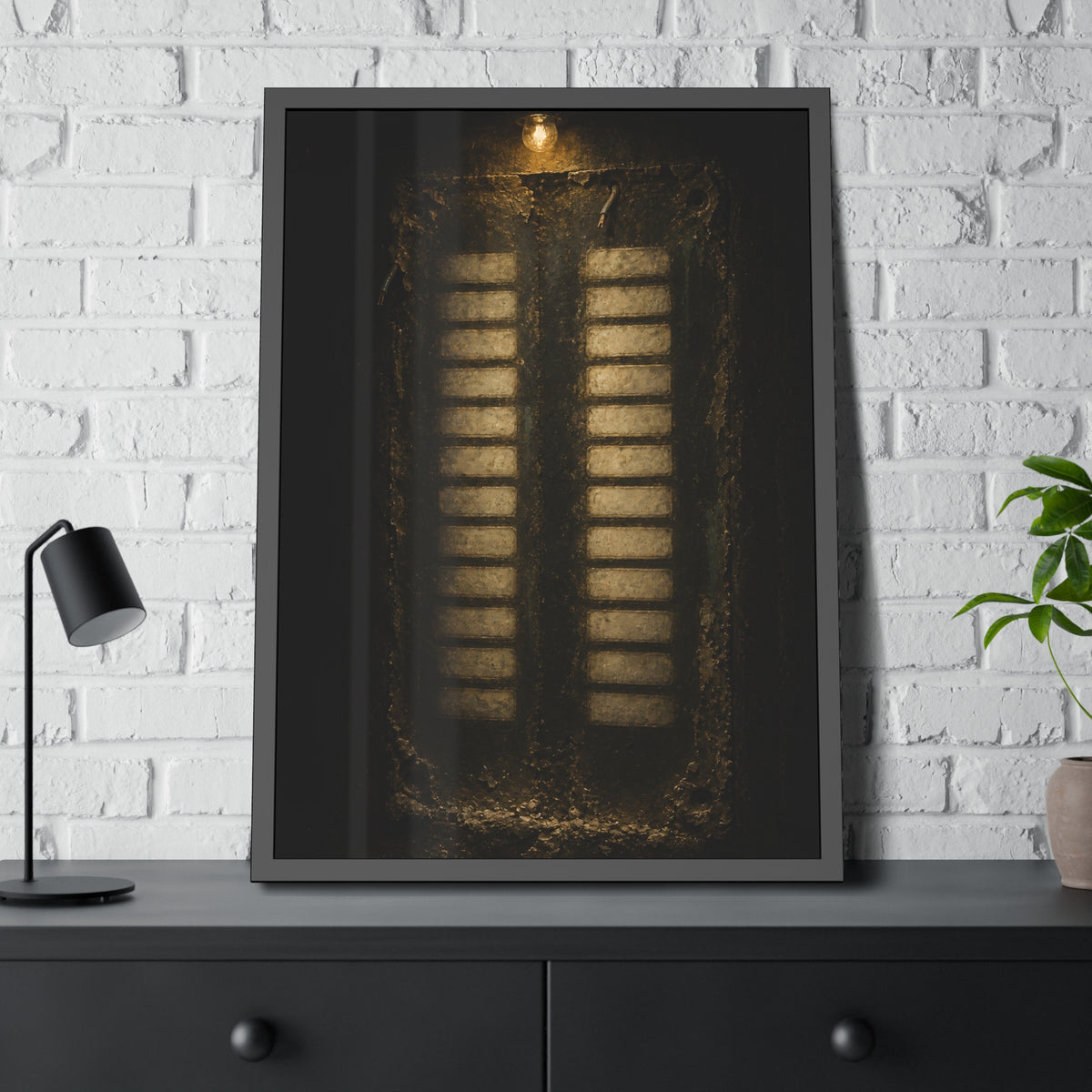 Two columns of blank name slots on a corroded intercom panel. Twenty-Four Pale Rectangles by Garabaggio, framed fine art print hanging in a room.