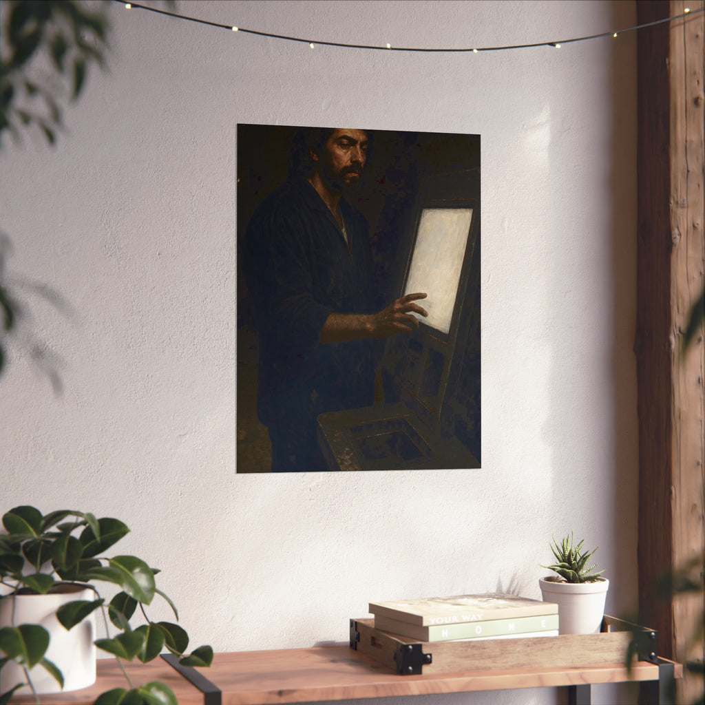 A bearded man in coveralls touching a glowing checkout screen. The Invitation to Begin by Garabaggio, fine art print hanging in a room.