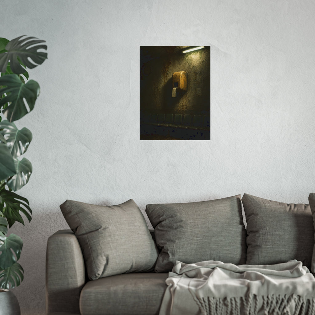 Yellow ticket dispenser on a stained wall above empty seats. Before the First Name by Garabaggio, fine art print hanging in a room.