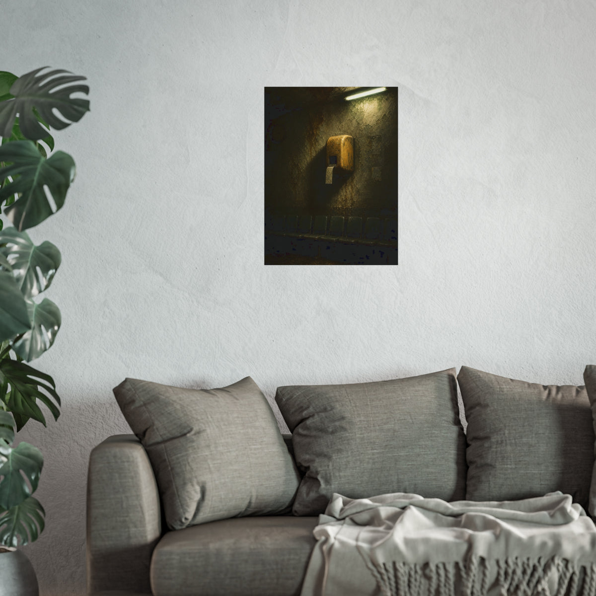 Yellow ticket dispenser on a stained wall above empty seats. Before the First Name by Garabaggio, fine art print hanging in a room.