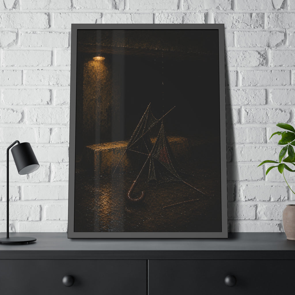 A broken umbrella collapsed on wet ground below a loading dock lamp. The Vigil Beneath the Loading Dock by Garabaggio, framed fine art print hanging in a room.