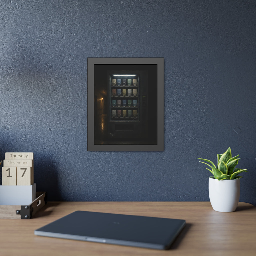 A fully stocked lit vending machine at the end of a dark corridor. The Full Grid at Closing by Garabaggio, framed fine art print hanging in a room.