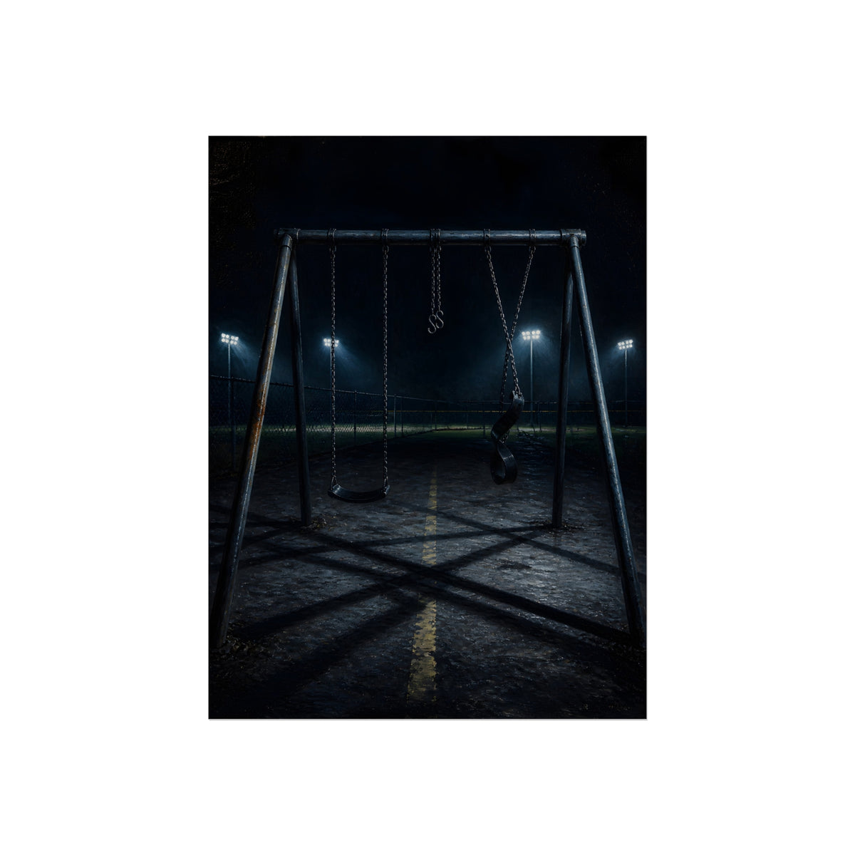An empty swing set at night with field lights glowing behind it. The Ninth Hour: The Seat Still Moving by Garabaggio, fine art print, 12″ x 16″.