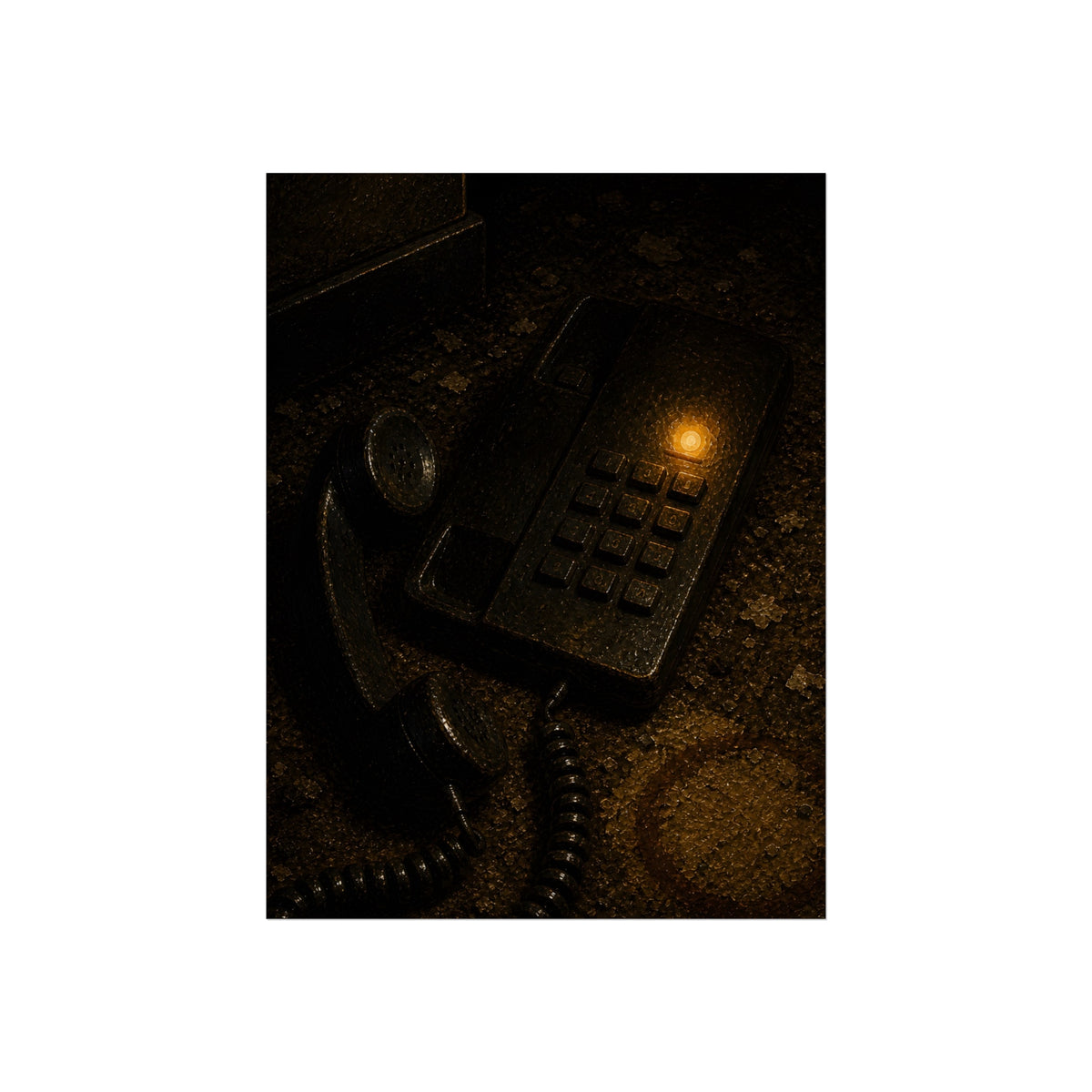 A desk phone with the handset off the hook and one amber light glowing. The Line Still Rings by Garabaggio, fine art print, 12″ x 16″.