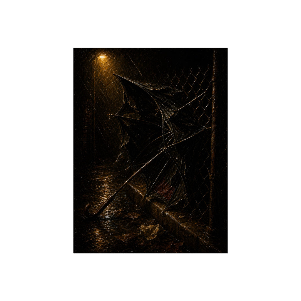 A broken umbrella pinned to a chain link fence under a rainy streetlamp. The Scourging by the Wind by Garabaggio, fine art print, 12″ x 16″.