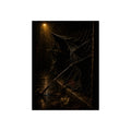A broken umbrella pinned to a chain link fence under a rainy streetlamp. The Scourging by the Wind by Garabaggio, fine art print, 12″ x 16″.