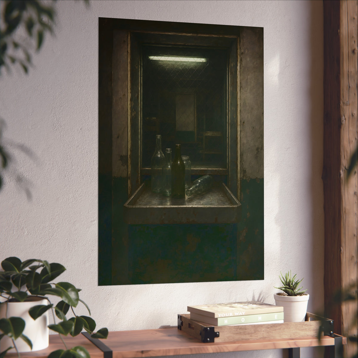Empty glass bottles on a metal tray at a service window under a fluorescent tube. The Counting Window by Garabaggio, fine art print hanging in a room.