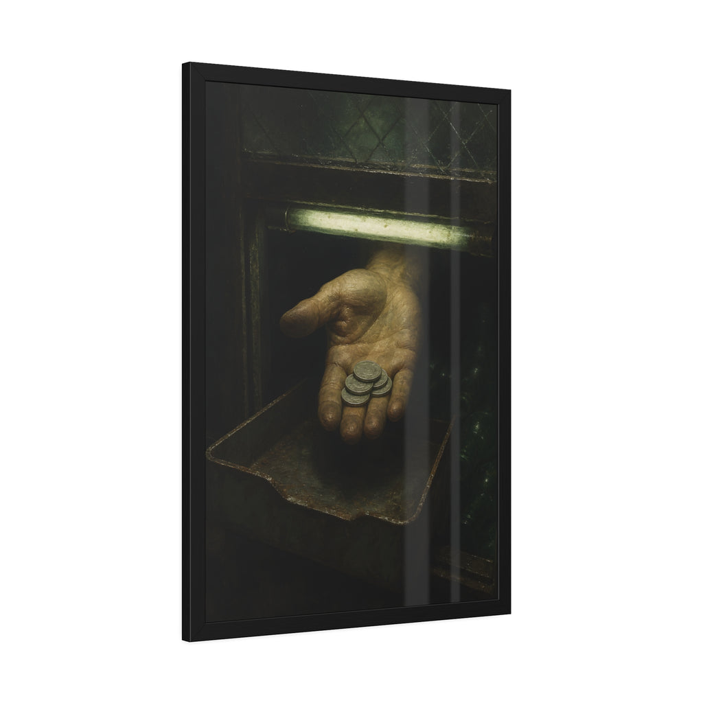 An open palm holding coins over a metal tray under a fluorescent tube. The Nickel Rendered by Garabaggio, framed fine art print hanging in a room.