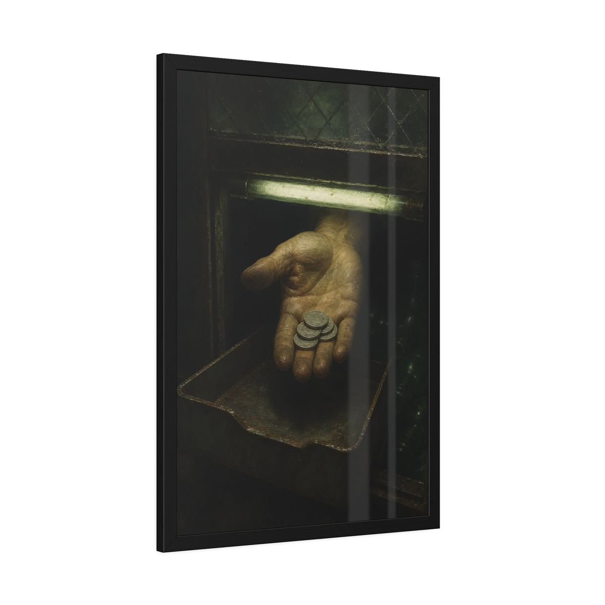 An open palm holding coins over a metal tray under a fluorescent tube. The Nickel Rendered by Garabaggio, framed fine art print hanging in a room.